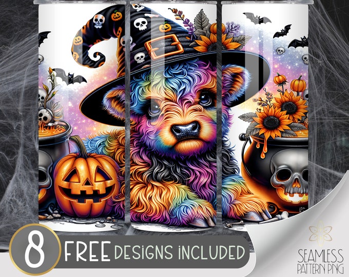 Cute witch Halloween highland cow tumbler wrap, rainbow 20 oz skinny sublimation design, Halloween tumbler wrap, jack o lantern bats design