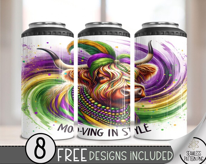 Highland Cow 4 in 1 Can Cooler Wrap, Mardi Gras 4 in 1 Tumbler PNG, Seamless Carnival Mask 16 Oz Can Cooler Sublimation Design, Festival PNG