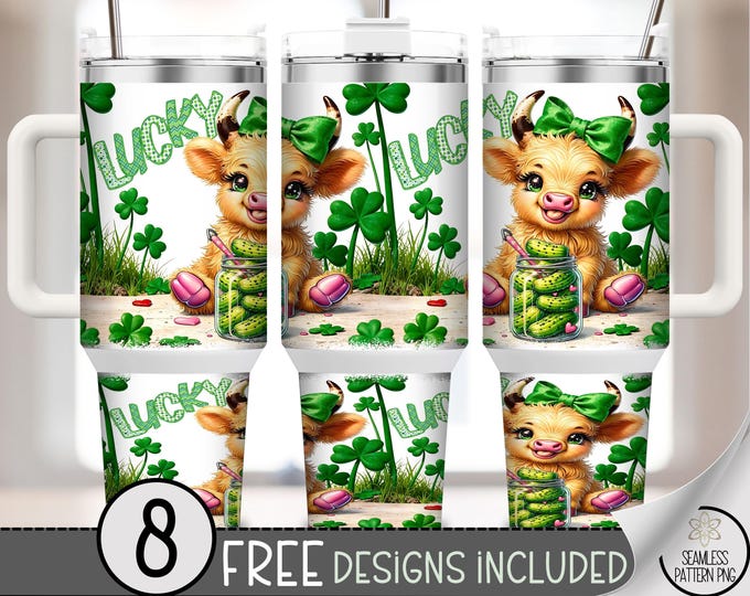 Lucky Pickle Lover 40 oz Tumbler Wrap PNG, St Patricks Day Highland Cow Sublimation Design File, A816