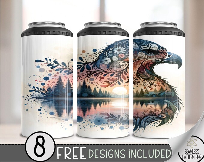 Floral Eagle 4 in 1 Can Cooler Wrap, Watercolor Sunset Lake 4 in 1 Tumbler PNG, Seamless Ethereal 16 Oz Can Cooler Sublimation PNG Design