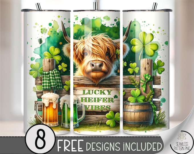 Lucky Cow 20 oz Tumbler Wrap PNG, Highland Cute Heifer Digital Download, Sublimation Design, A716