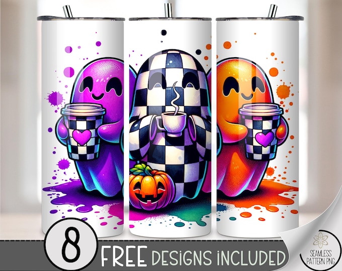 20oz Tumbler Wrap Ghost Coffee PNG, Cute Halloween Checkered Ghost Design, Kawaii Fall Drink Sublimation Wrap, Colorful PNG, A370