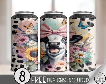 Spring Cow 4-in-1 Can Cooler Wrap, Floral Cow Sublimation Design, Farmhouse Butterfly 16 oz 4-in-1 File, Playful Can Holder Design, B10019