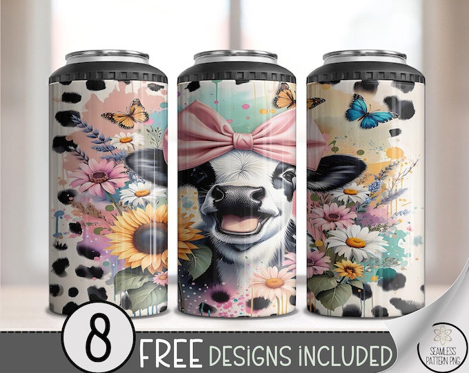 Spring Cow 4-in-1 Can Cooler Wrap, Floral Cow Sublimation Design, Farmhouse Butterfly 16 oz 4-in-1 File, Playful Can Holder Design, B10019