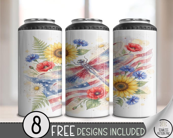 Patriotic Dragonfly 4-in-1 Can Cooler Wrap, Watercolor Sublimation Design, Summery Floral 16 oz 4-in-1 File, 4th Of July PNG, B10115