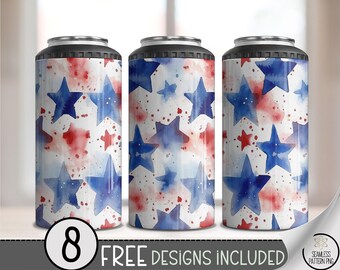 Watercolor Stars 4 in 1 Can Cooler Wrap PNG, Red White Blue Patriotic USA Sublimation, Splatter Star Fourth of July Drink Wrap File, A298
