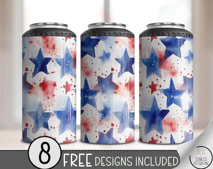 Watercolor Stars 4 in 1 Can Cooler Wrap PNG, Red White Blue Patriotic USA Sublimation, Splatter Star Fourth of July Drink Wrap File, A298