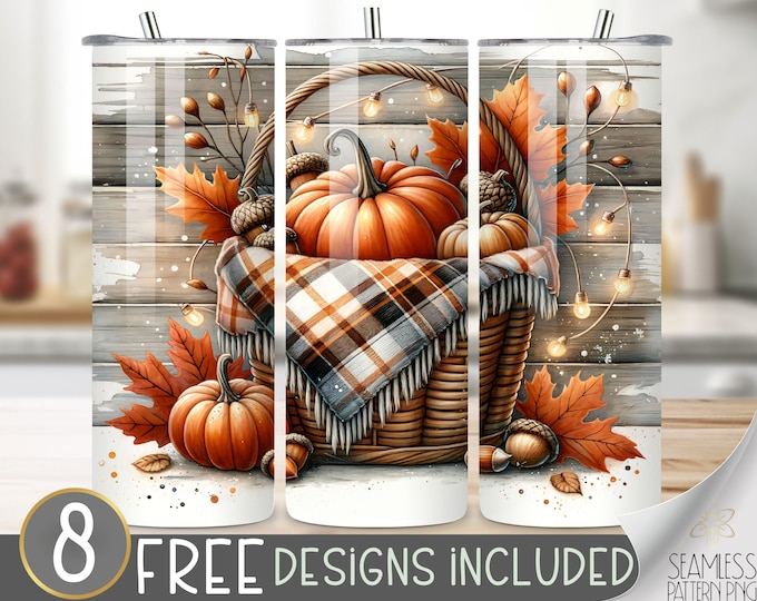 Rustic Pumpkin Tumbler Wrap, Fall Tumbler Wrap, Commercial Use, Pretty Autumn Tumbler Wrap, Cozy Autumn Pumpkin Basket Plaid Blanket File
