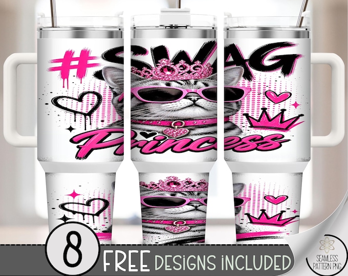 Princess Cat 40 oz Tumbler Wrap, Sassy Pink Glam Sublimation Design, Digital Download, B10417