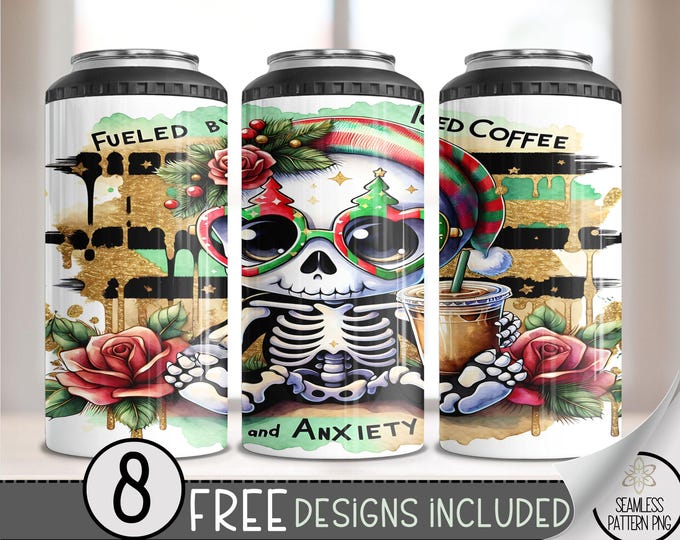 Anxiety 4in1 Can Cooler Wrap, Christmas Skeleton 4 in 1 Tumbler PNG, Funny Fueled By Coffee & Anxiety 16 Oz Can Cooler Sublimation Design
