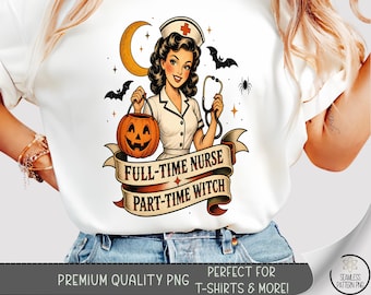 Halloween Nurse Sublimation Design, Spooky Pin-Up Witch TShirt PNG File, Digital Download, B10548