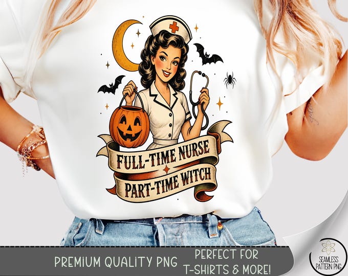 Halloween Nurse Sublimation Design, Spooky Pin-Up Witch TShirt PNG File, Digital Download, B10548