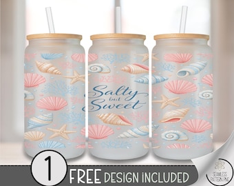 Seashell and Starfish Glass Can Wrap, Salty But Sweet 16oz Glass Tumbler Sublimation Design, Beachy PNG File, Digital Download, B10221
