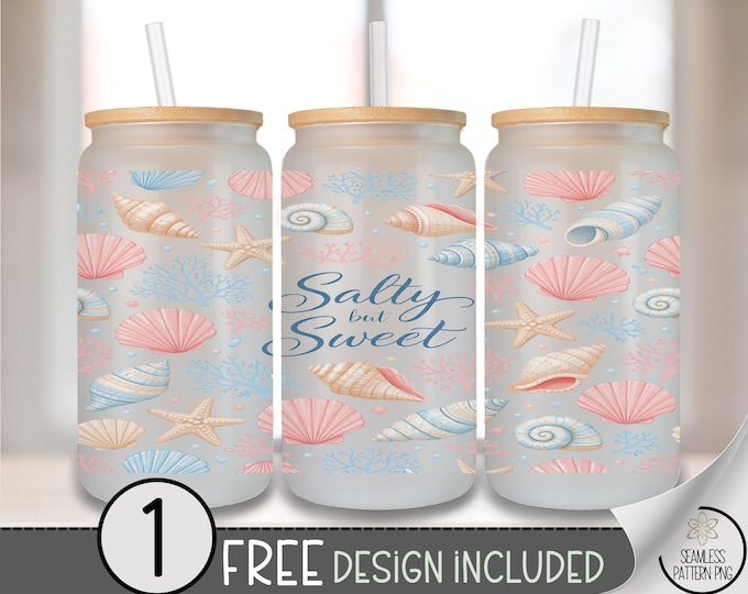 Seashell and Starfish Glass Can Wrap, Salty But Sweet 16oz Glass Tumbler Sublimation Design, Beachy PNG File, Digital Download, B10221