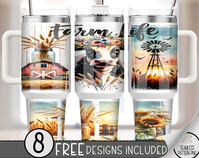 Farm Life 40oz Tumbler Wrap, Country Western Tumbler Sublimation Design, Cute Cow 40oz Quencher Tumbler Wrap PNG,Sunset Windmill 40 oz, A163