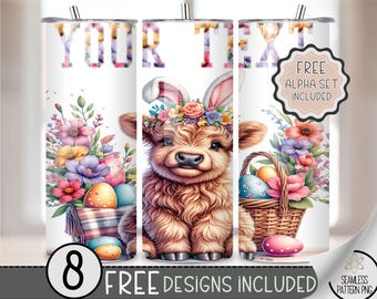 Add Your Name Highland Cow Easter Tumbler Wrap, Add Your Text Bunny Floral 20oz Skinny Tumbler Sublimation Design, Personalize Tumbler Wrap