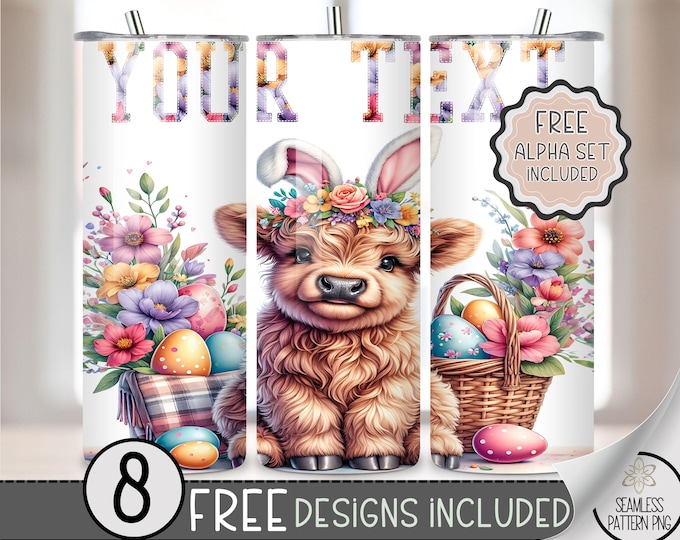 Add Your Name Highland Cow Easter Tumbler Wrap, Add Your Text Bunny Floral 20oz Skinny Tumbler Sublimation Design, Personalize Tumbler Wrap