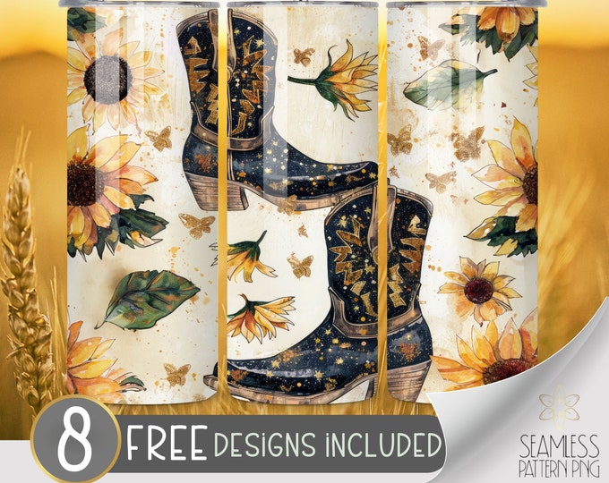 Watercolor Western PNG Tumbler Wrap, Cowboy Boots Sunflower Seamless Design, Instant Download, 20 Oz Skinny Sublimation Tumbler Design