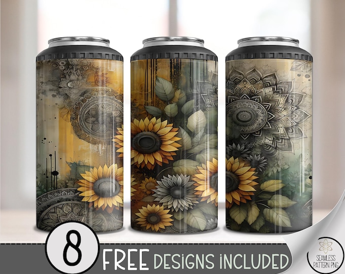 Rustic Sunflowers 4-in-1 Can Cooler Wrap PNG, Digital Download, Floral Sublimation Design, Vintage Floral for Women, B644
