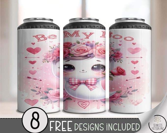 Valentines Day 4in1 Can Cooler Wrap, Cute Adorable Ghost with Hearts 16 oz 4-in-1 PNG A727