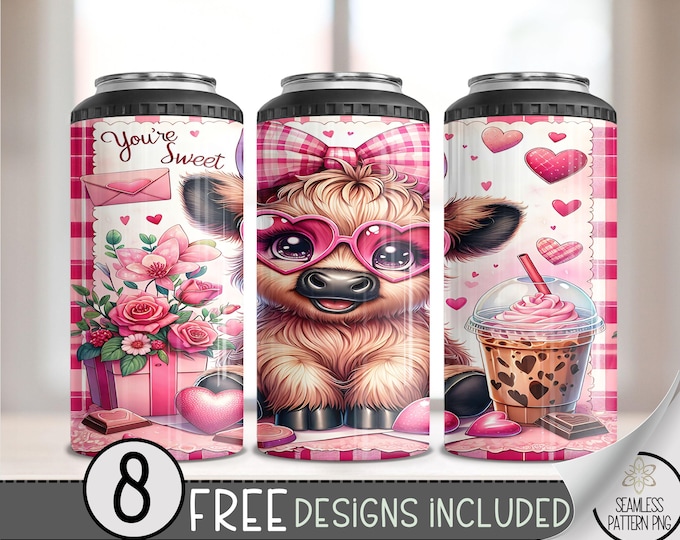 Cute Highland Cow 4 in 1 Can Cooler Wrap, Valentine Coffee 4in1 Tumbler PNG,Vday Cow 16 Oz Can Cooler Sublimation Design,Youre Sweet Flowers