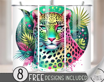 Glitter Leopard Tumbler Wrap Yellow Glitter Cheetah Tumbler Wrap File PNG, Animal-themed Neon Jungle 20oz Tumbler Sublimation Design A111