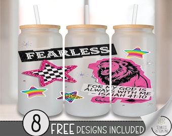 Fearless Lion PNG, Inspirational 16Oz Glass Tumbler Sublimation Design, Retro Pop-Punk, Religious Collage File, B867