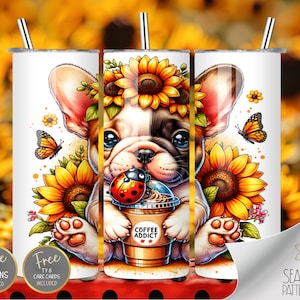 Uroczy francuski buldog owijka na kubek, owijka na kubek kawy słonecznik pliki, kwiatowy biedronka 20 oz prosty sublimacyjny kubek projekt