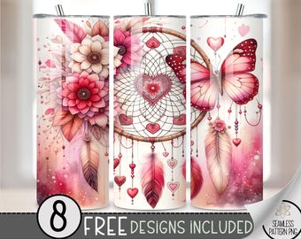 Boho Dreamcatcher Butterfly Floral Tumbler Wrap,Valentines Day Sublimation Design PNG, Ethereal 20Oz Skinny Tumbler File,Mandala Tumbler PNG