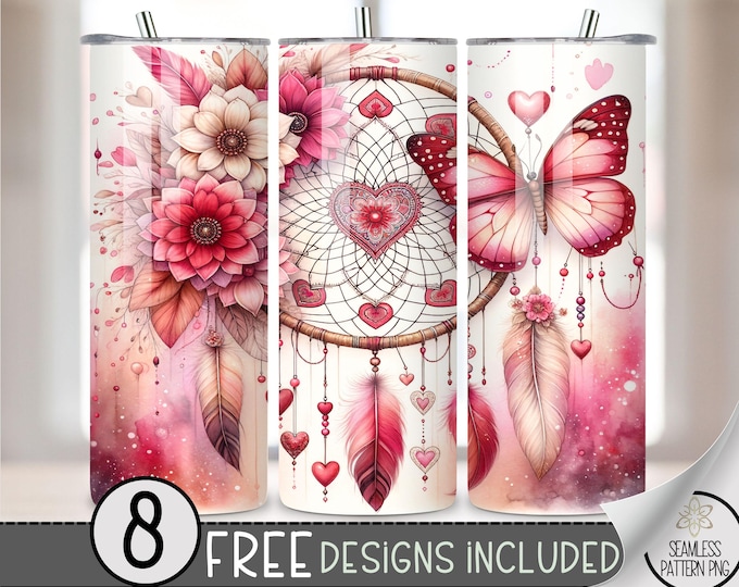 Boho Dreamcatcher Butterfly Floral Tumbler Wrap,Valentines Day Sublimation Design PNG, Ethereal 20Oz Skinny Tumbler File,Mandala Tumbler PNG