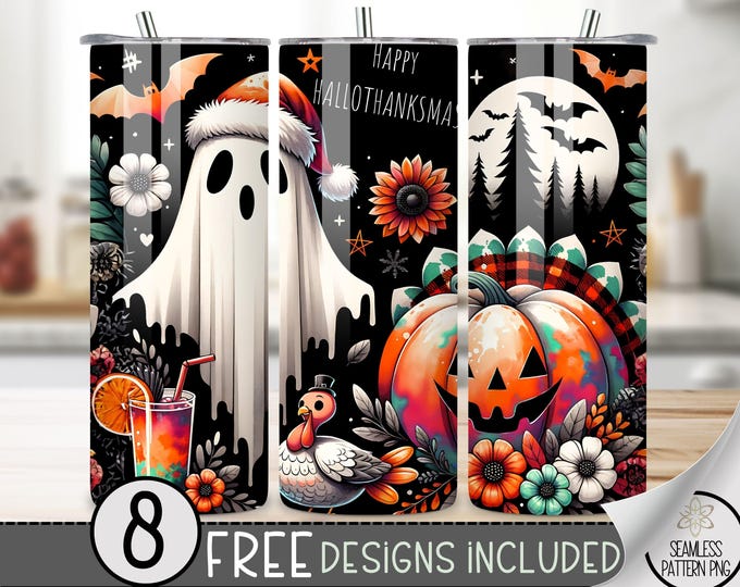 Happy Hallothanksmas Tumbler Wrap, Cute Ghost Png 20oz Skinny Sublimation Tumbler Design, Hallothanksmas Png, Hallothanksmas Sublimation
