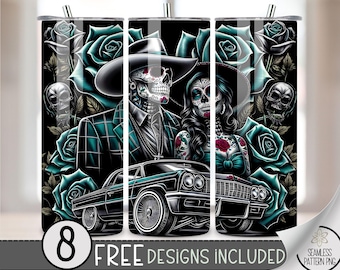 LA Chicano Girl Couple Cholo Couple 20oz Tumbler Wrap, Chicano Style Lowrider Sublimation Design PNG,LA Sugar Skull 20Oz Skinny Tumbler File