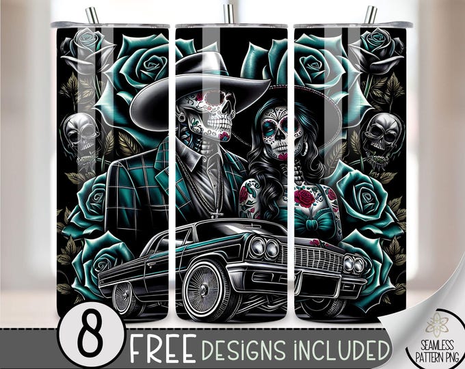 LA Chicano Girl Couple Cholo Couple 20oz Tumbler Wrap, Chicano Style Lowrider Sublimation Design PNG,LA Sugar Skull 20Oz Skinny Tumbler File