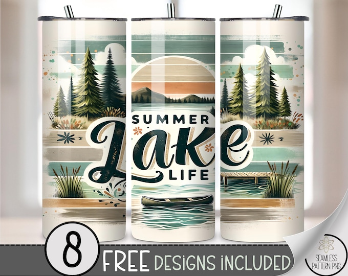 Summer Lake Life Tumbler Wrap PNG, Retro Cabin Lake Sublimation Design for 20oz Skinny Tumbler, Rustic Outdoor PNG File, A372