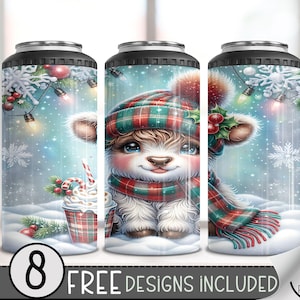Seamless Highland Cow 4 in 1 Can Cooler Wrap, Winter Can Holder Wrap, Christmas  16Oz Can Cooler, Pastel Holiday 4In1 Cooler Tumbler PNG