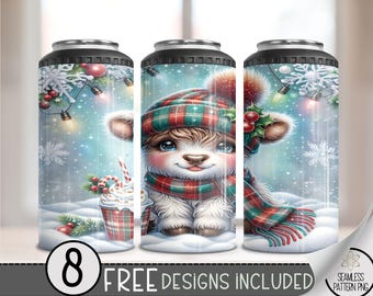 Seamless Highland Cow 4 in 1 Can Cooler Wrap, Winter Can Holder Wrap, Christmas  16Oz Can Cooler, Pastel Holiday 4In1 Cooler Tumbler PNG