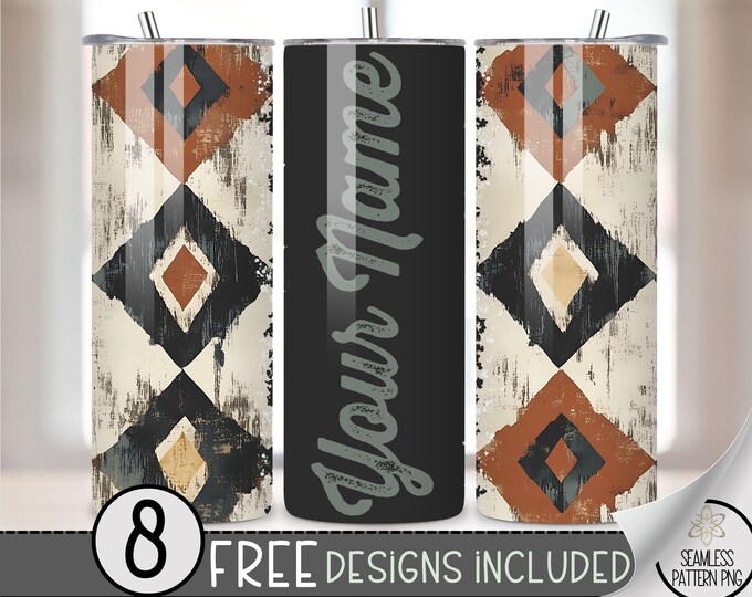 Aztec Tumbler Wrap, Personalize Add Your Name Design, 20 Oz Sublimation Tumbler Design Seamless File, Faded Southwestern Tumbler PNG