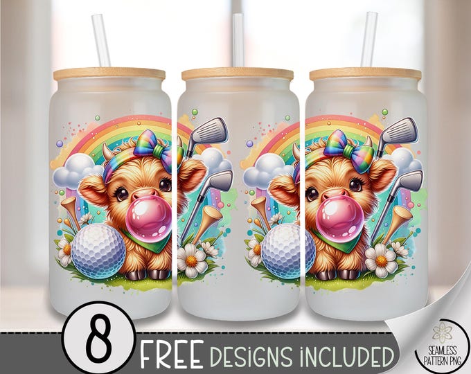 Highland Cow Golfer Glass Can Wrap, Playful 16 Oz Tumbler Sublimation Design Digital Download, B796