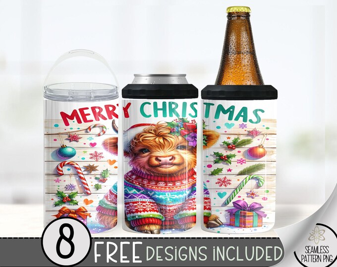 Seamless Christmas Highland Cow 4in1 Can Cooler Wrap, Winter Cow 16 Oz Can Cooler Sublimation Design Merry Christmas Holiday 4 in 1 Tumbler