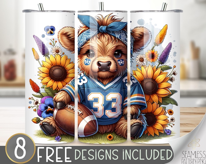 Football highland cow tumbler wrap, fall 20 oz skinny tumbler sublimation, football tumbler design, cute football cow tumbler file,sunflower