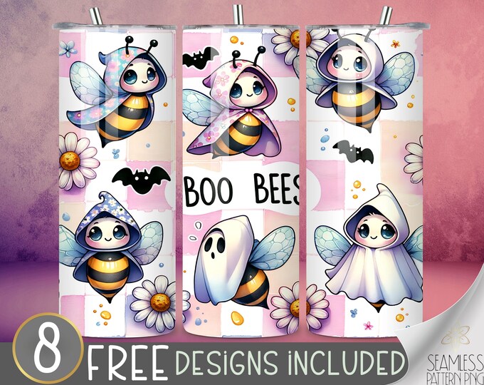 Boo Bees Halloween Tumbler Wrap, Ghost 20 oz Skinny Sublimation PNG Design, Whimsical & Cute Spooky Vibes, Halloween Funny Tumbler Wrap