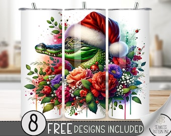 Cute Xmas Alligator Tumbler Wrap, Alligator 20oz Skinny Tumbler Design, Christmas 20 oz  Tumbler Wrap, Floral Christmas Tumbler Design