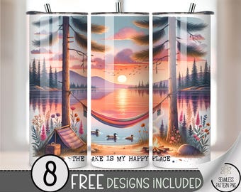 The Lake Is My Happy Place 20 oz Tumbler Wrap PNG, Peaceful Lake Sunset Hammock Sublimation, Camping Canoe Wilderness Scene, A300