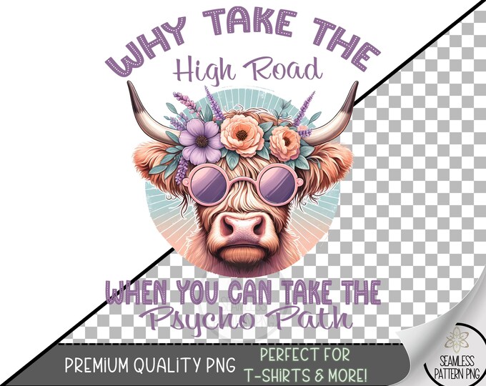 Psycho Path Sublimation PNG, Funny Highland Cow Clipart, Retro Floral Cowgirl Design, Boho Pastel Cow PNG, Humor Sublimation, A375