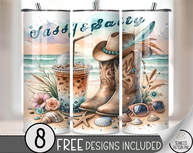 Sassy and Salty Tumbler Wrap PNG, 20 oz Western Beach Cowgirl Design, Iced Coffee Sublimation Design File, Cowgirl Boots and Hat, A302