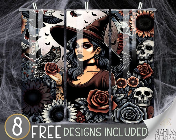 Goth and Flowers Tumbler PNG, Owl Wiccan Spooky 20 oz Straight Tumbler Wrap Sublimation, Gothic Moth Design File, Trendy Black Goth Tumbler
