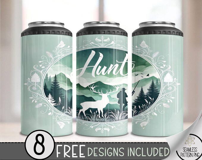 Deer Hunting 4in1 Can Cooler Wrap, Hunter 4 in 1 Tumbler PNG, Seamless American 16 Oz Can Cooler Sublimation Design, Forest Design PNG File