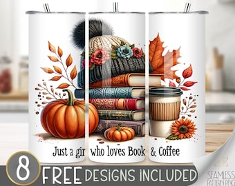 Solo una chica que ama los libros y el café, diseño de sublimación Autumn Vibes, vaso PNG Fall Vibes, diseño de vaso Pumpkin Spice