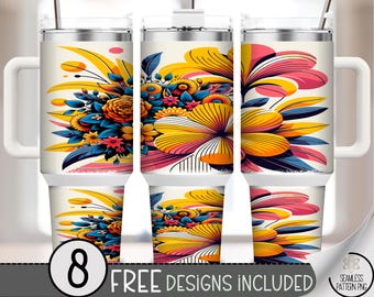 Energetic 40 oz tumbler wrap: Abstract Floral Sublimation Design, Vibrant PNG Files, Bold Flower Artful Blend, Lively Wrap Print A535