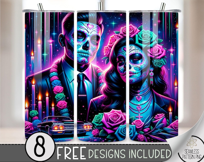 LA Chicano Girl Couple Cholo Couple 20oz Tumbler Wrap, Chicano Style Lowrider Sublimation Design PNG,LA Sugar Skull 20Oz Skinny Tumbler File